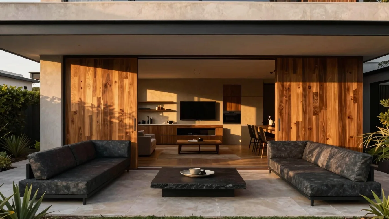 Modern living space inside Evora residence with slate seating, te