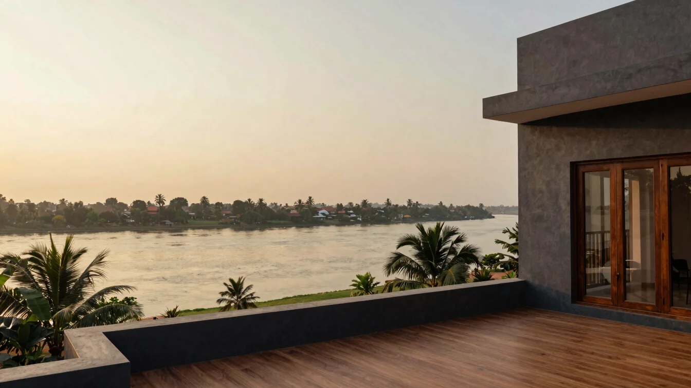 Wide architectural shot of a private apartment terrace overlookin